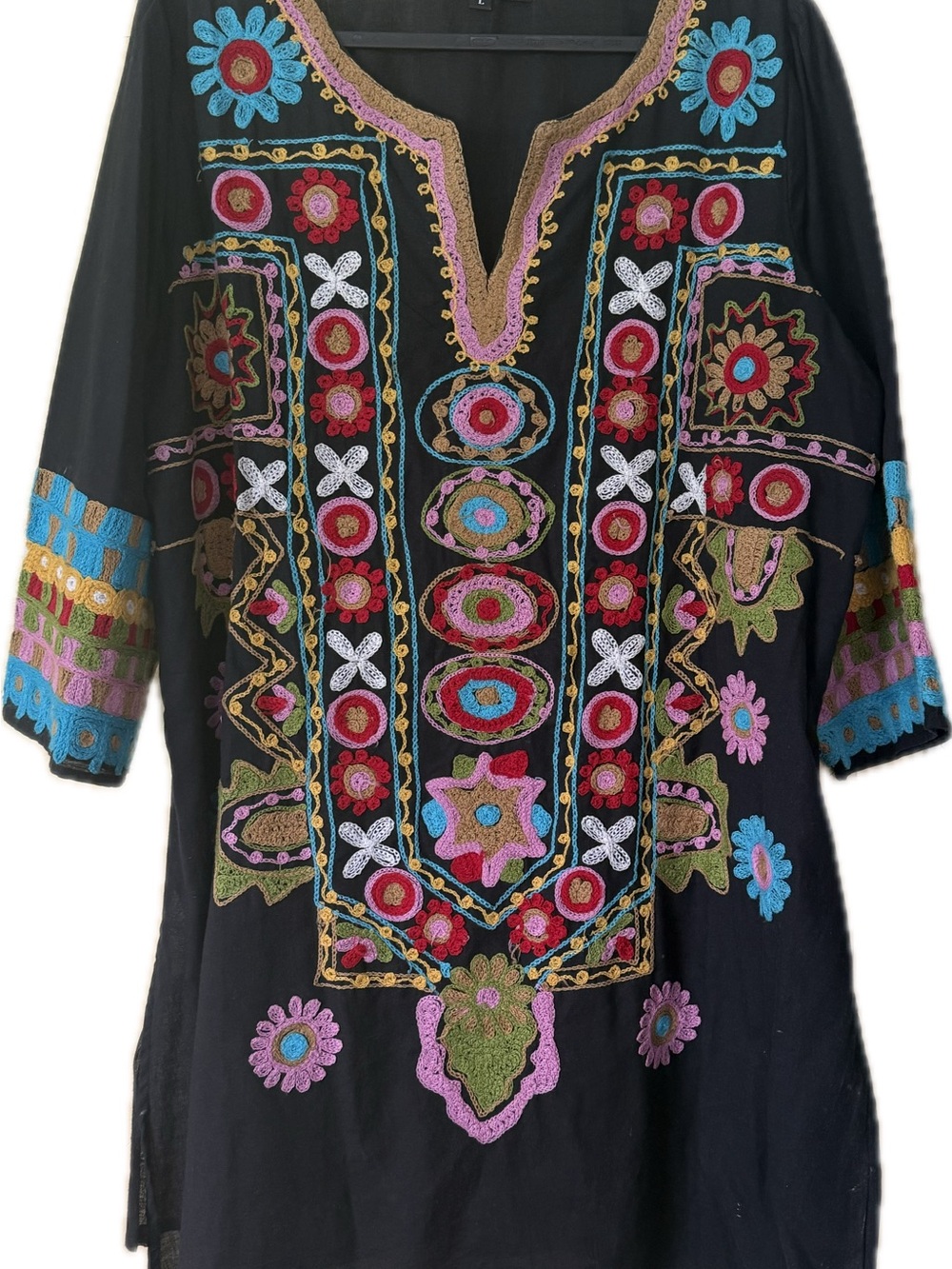 Topshop Black Embroidered Boho Tunic Top with Multicolor Floral Accents